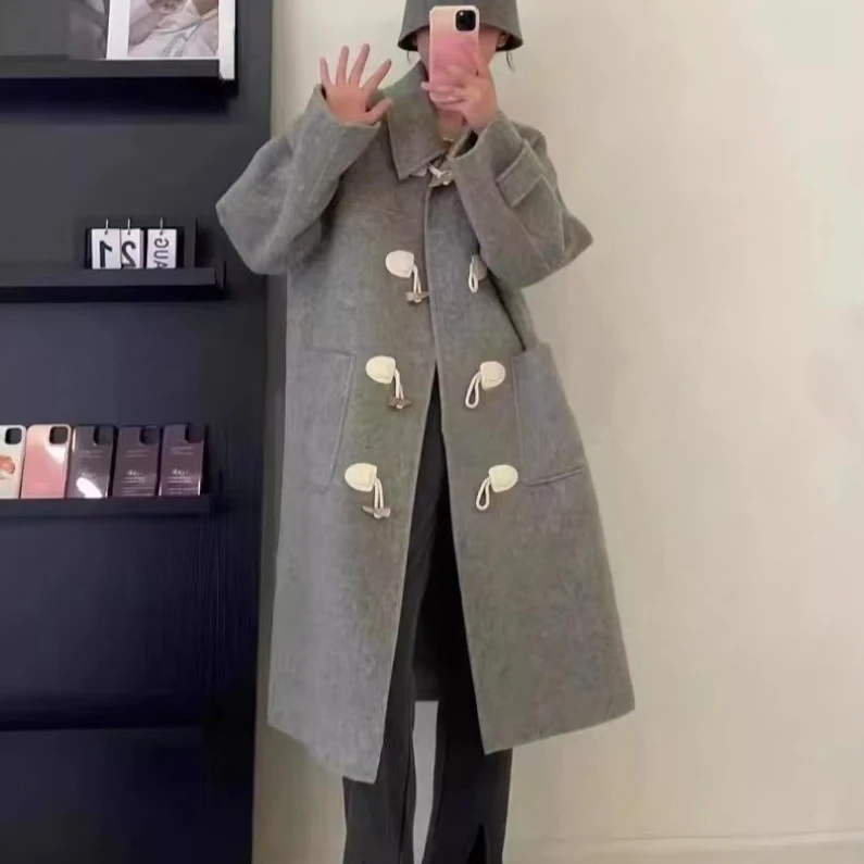 【老板专属】灰色长款牛角扣羊毛呢子大衣女外套902