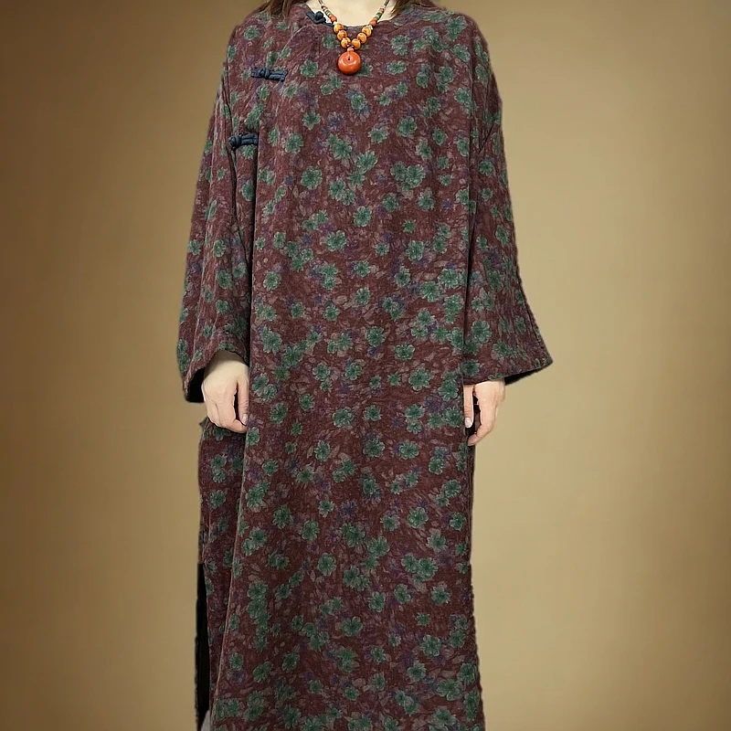 春秋新款6391炒色做旧气质新中式复古斜襟盘扣花色长袍