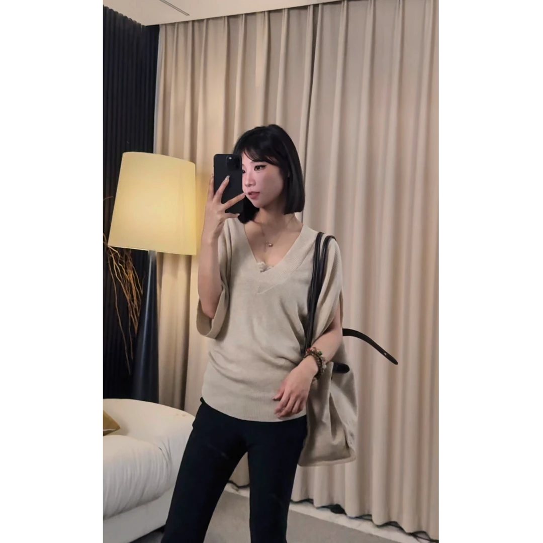 【ZZ严选】1011蝙蝠袖开叉修身针织衫短袖女蕾丝拼接气质显瘦上衣