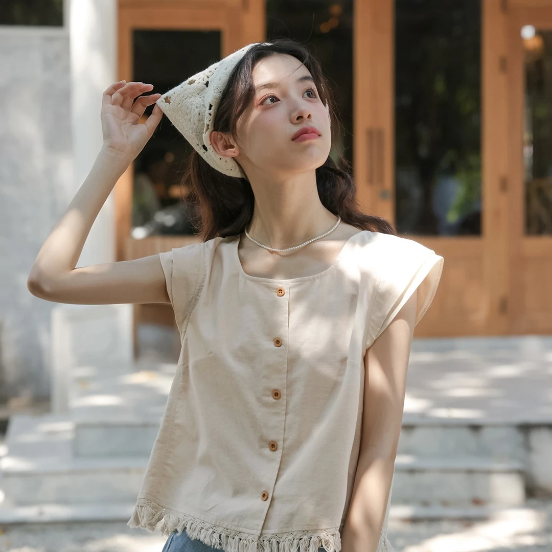 9855纯棉夏季新款百搭设计感法式小飞袖绝美无袖上衣女夏显瘦衬衫