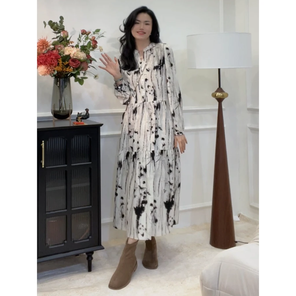 【墨色晕染】短款/长款~小众设计感v领长袖泼墨连衣裙a字裙子LY