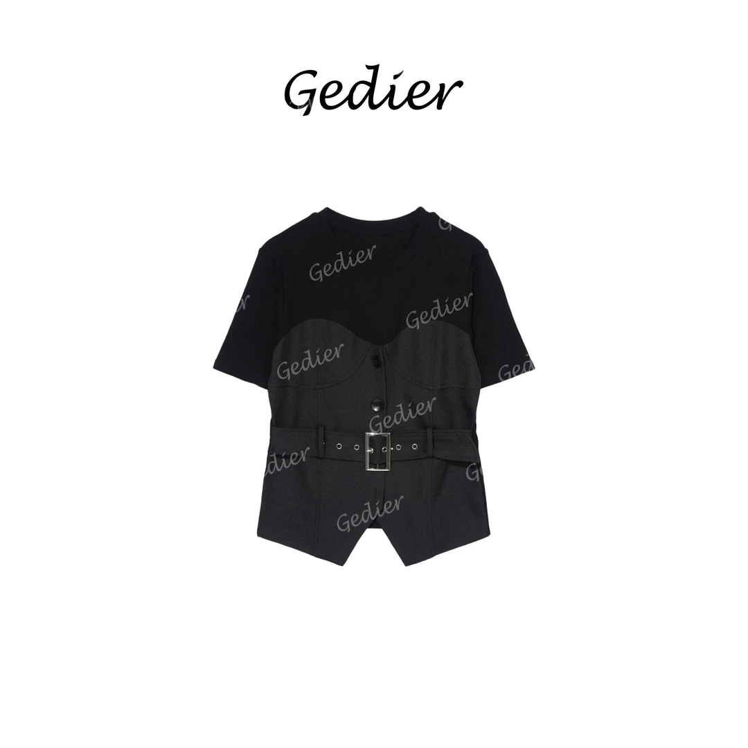 【歌蒂尔Gedier】2025年夏季欧若风 时尚拼接束腰短袖T恤 TG520169Y
