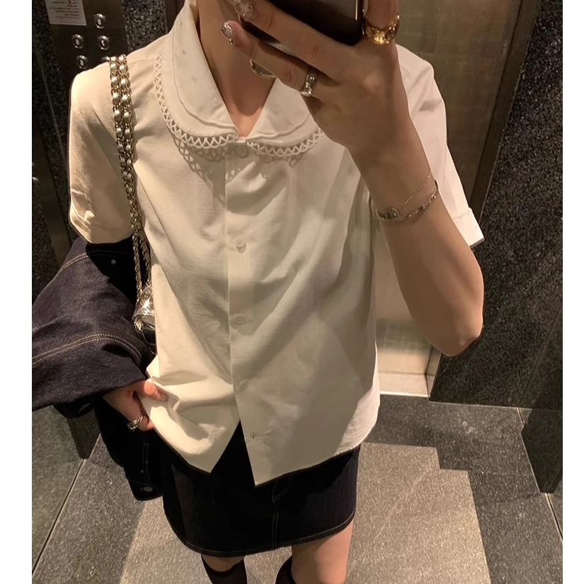 miu系蕾丝花边双层刺绣花瓣翻领宽松衬衫女百搭白色短袖上衣