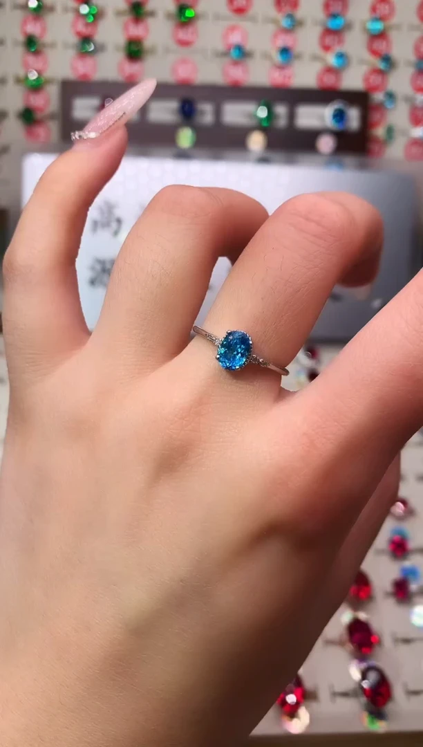 银S925镶嵌戒圈海蓝宝石5*7 银托