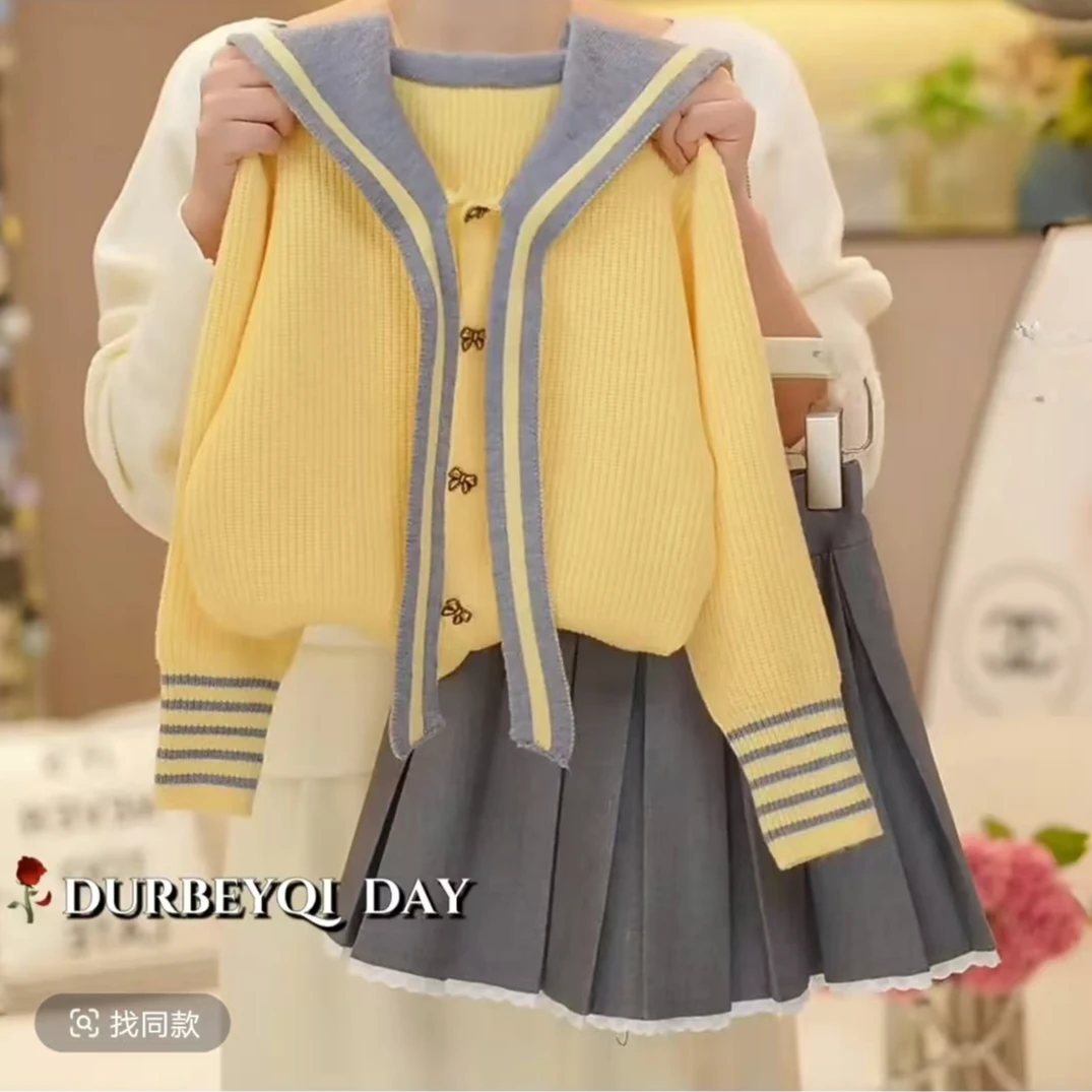 女童2025春季新款单排扣针织松紧腰裙中大童套装