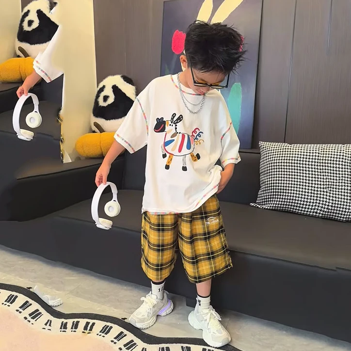 男童夏装套装2025新款洋气中大儿童网红炸街撞色格子短裤衬衫休闲