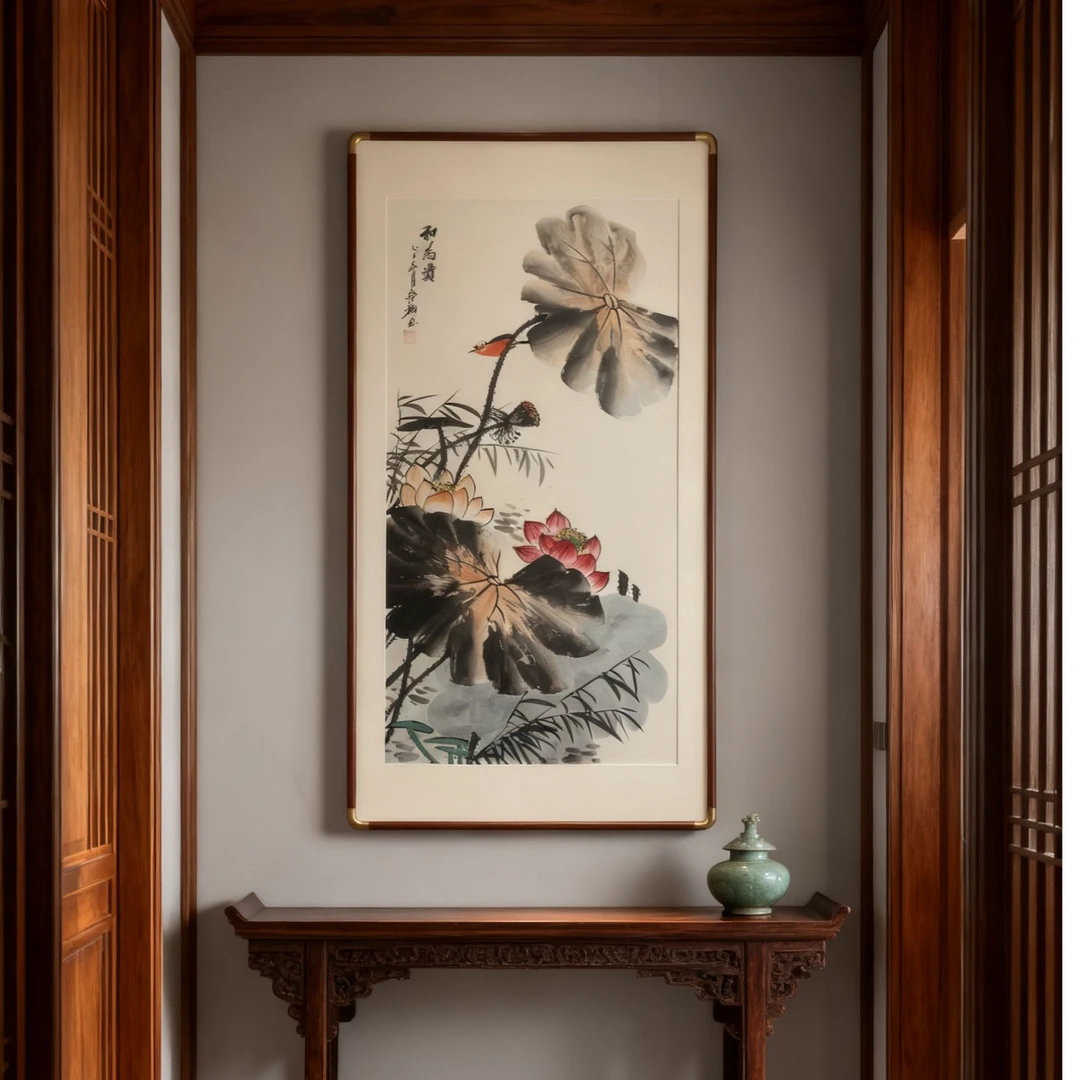 和为贵新中式荷花画竖版装饰画适合客厅茶室玄关走廊挂画122*62