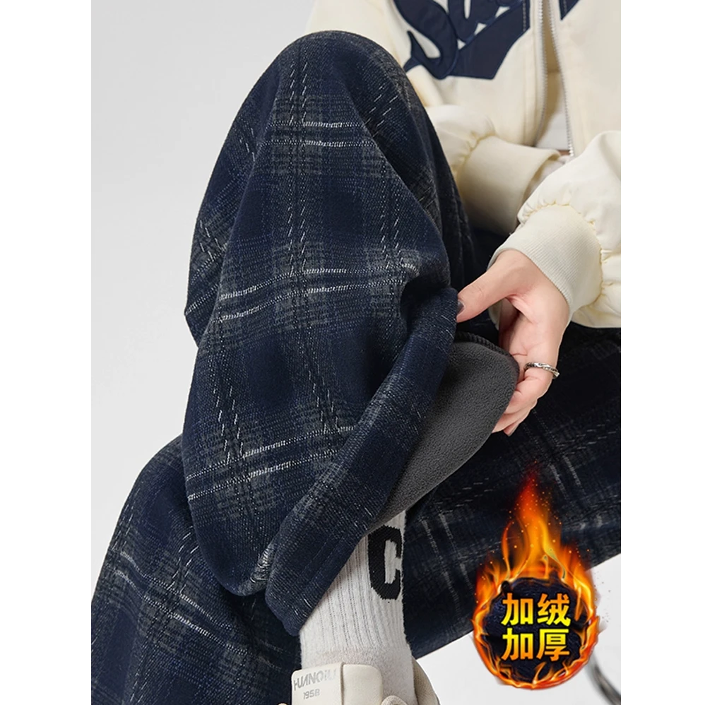 拉夏贝尔加绒毛呢格子裤女爆款2025新款秋冬宽松直筒休闲阔腿裤子