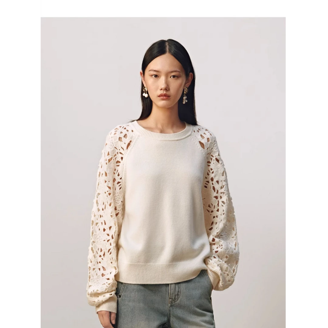 【爆款推荐】JASON WU 秋季新款花朵镂空拼接宽松上衣针织衫女