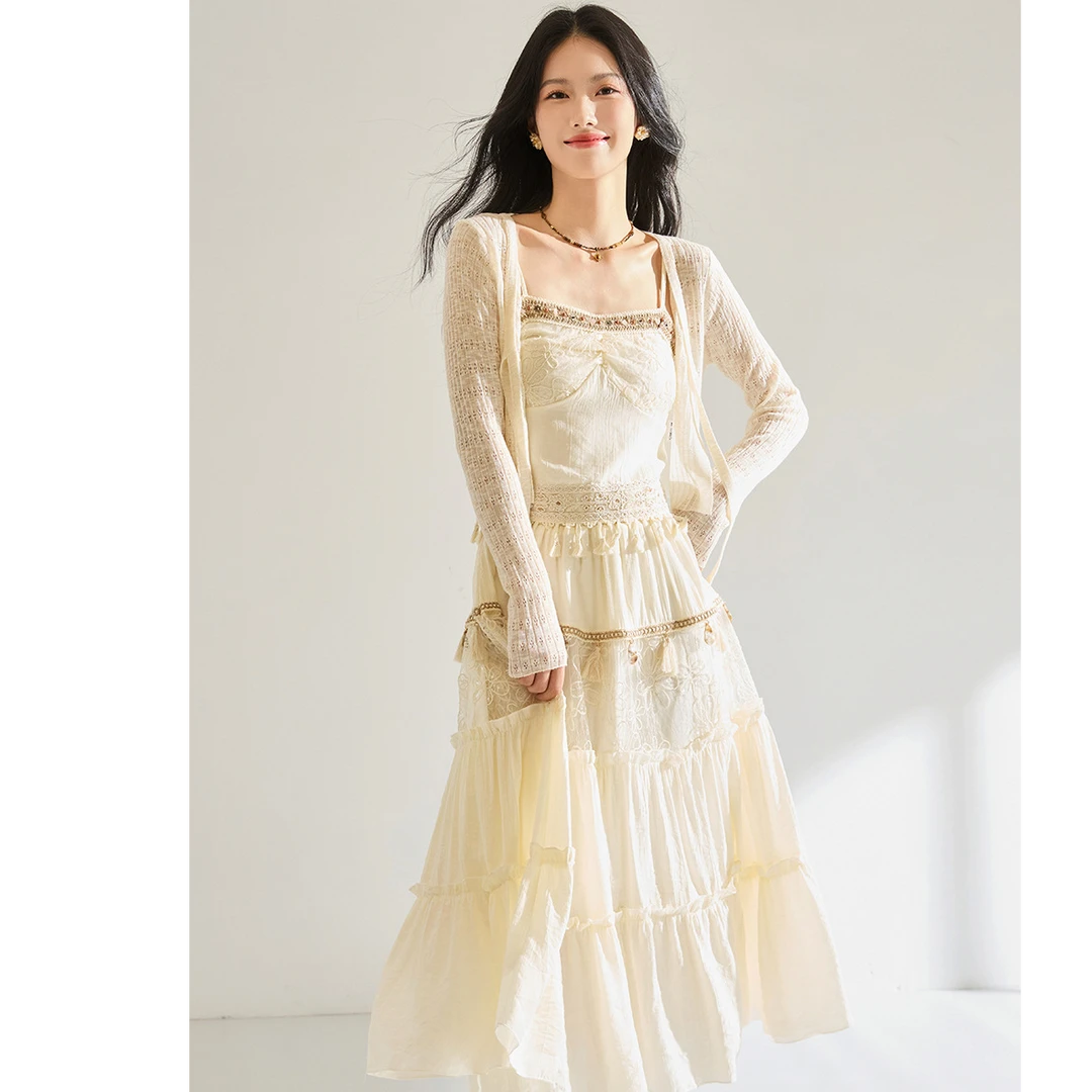 【直播间同价】度假风流苏蕾丝吊带+半身裙+开衫三件套套装18862