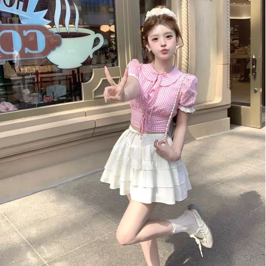 【玫瑰seasalt】夏季新款高级感泡泡粉格系带蝴蝶结花边上衣配短裙