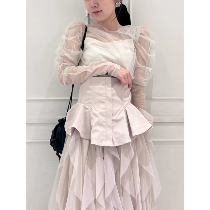 【强哥外贸】 S 秋季新款 气质显瘦甜美薄纱褶袖上衣设计感小众高腰