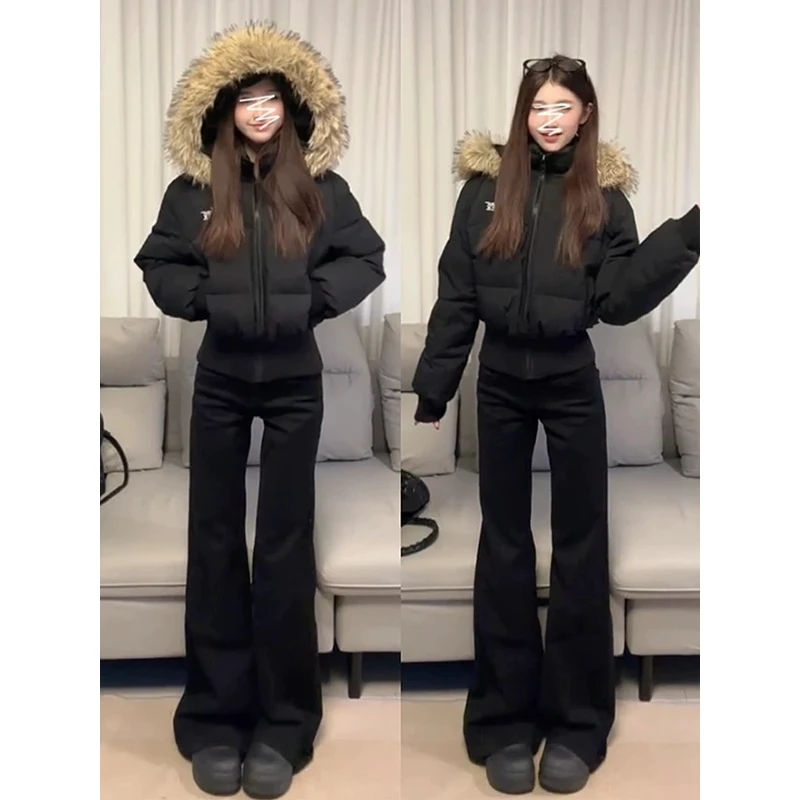 裤长114cm高个子加长不贴腿加绒黑色微喇牛仔裤女低腰美式拖地裤