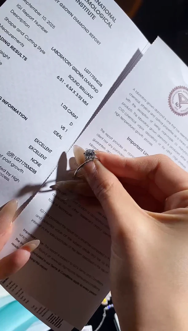 裸石实验室培育钻石圆形白钻/1.03ct/VS1/D色【IGI证书】