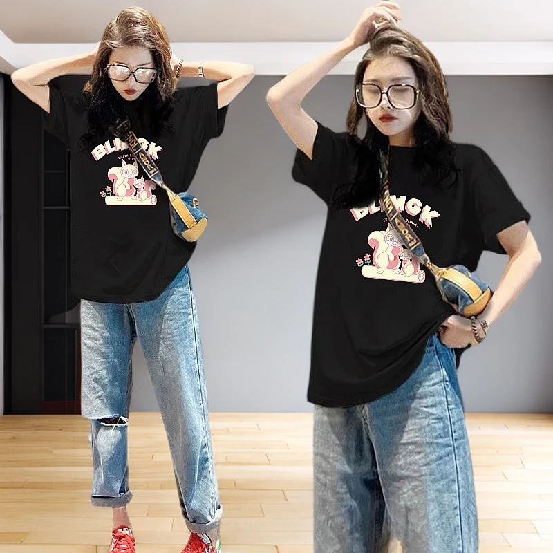 夏季新款时尚休闲潮流印花圆领百搭宽松大码显瘦洋气短袖上衣T恤