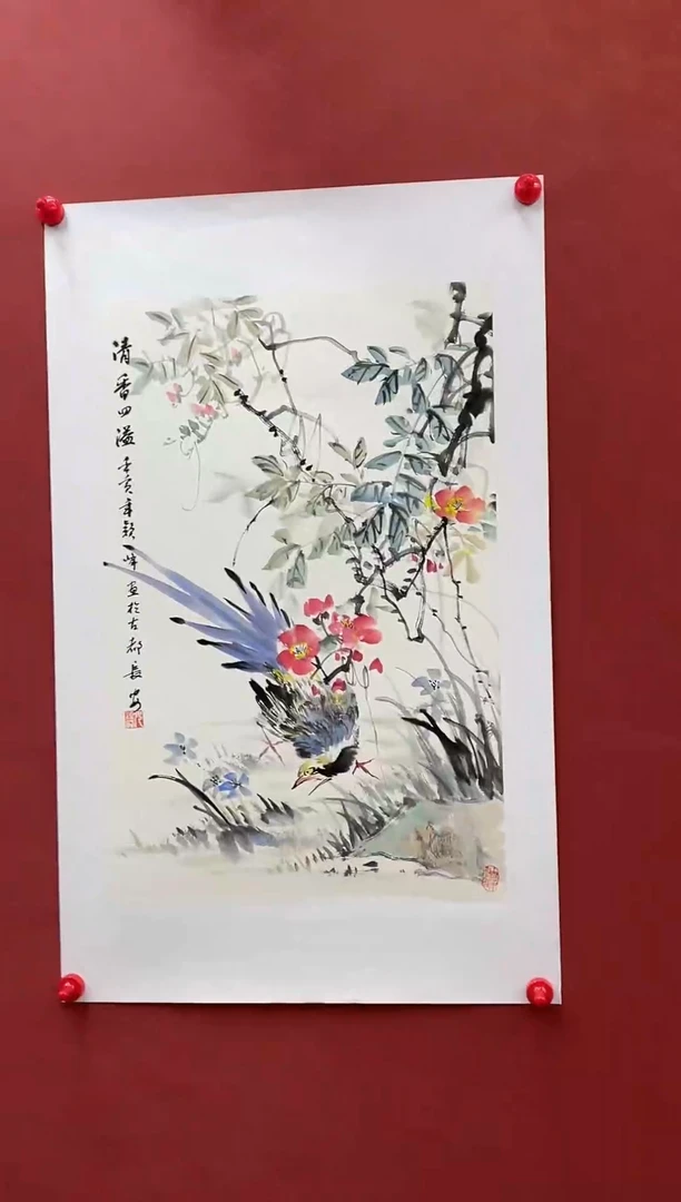 国画纯手绘四尺三开花鸟