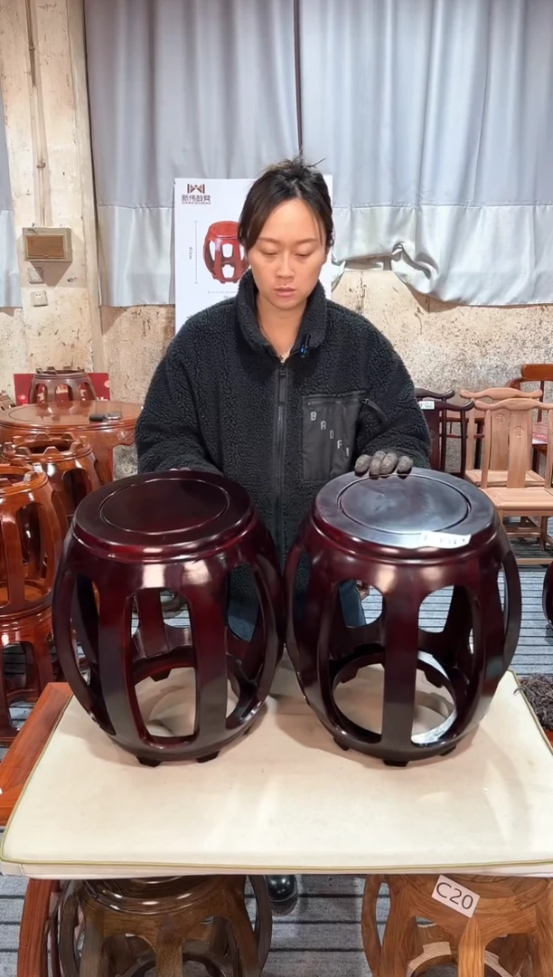 【闪购商品】黑酸枝木类凳子E60微瑕非酸枝一对大号鼓凳