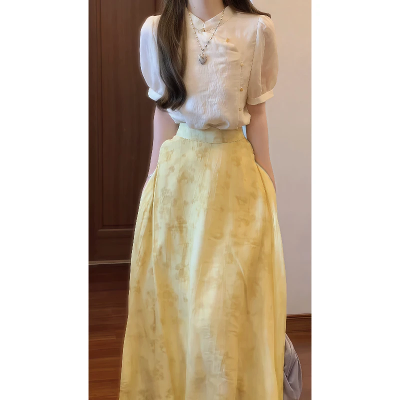 新中式国风立领琉璃珠扣宽松泡泡袖上衣&提花高腰马面裙套装9422