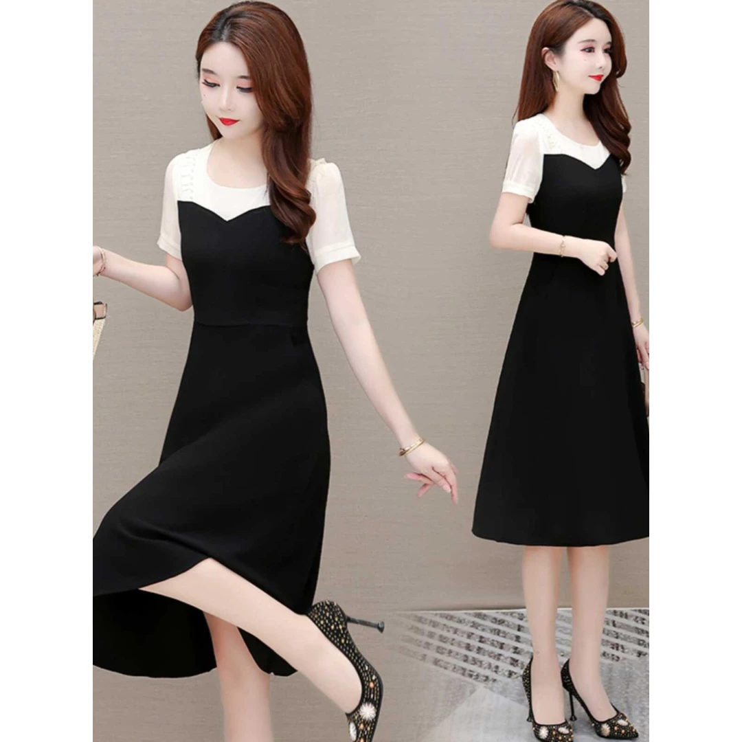 法式小黑裙新款夏装女时尚高级感拼接收腰显瘦今年流行连衣裙女装