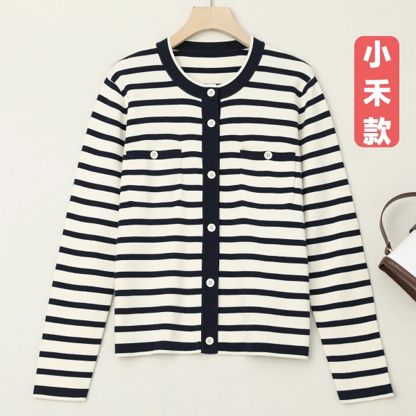 LANZIBES/蓝之蓓圆领长袖全棉针织开衫休闲百搭条纹外套C10671