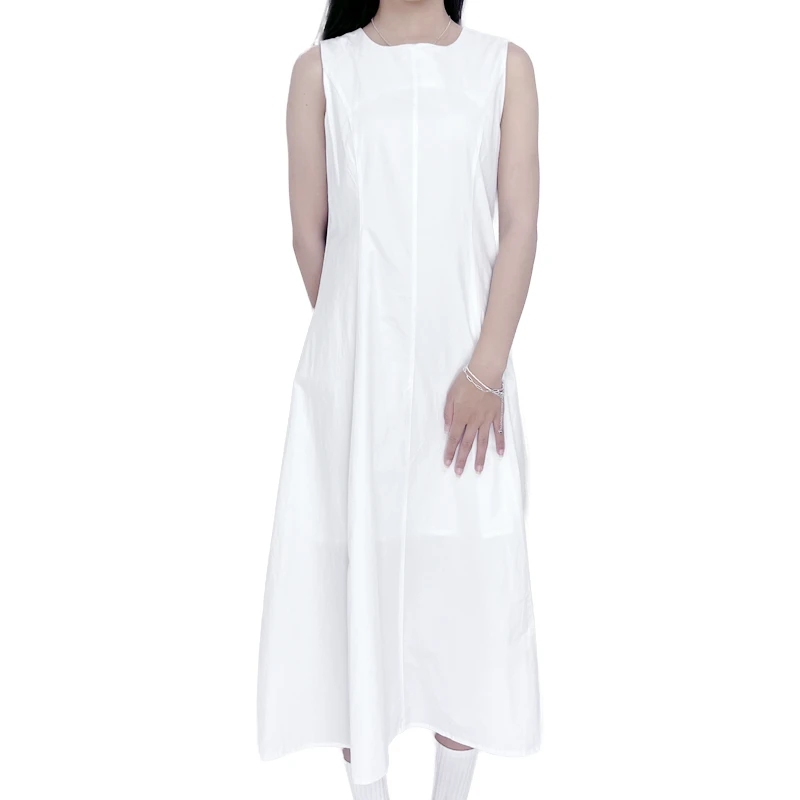 高腰无袖通勤夏季中长连衣裙圆领常规拼接纯色