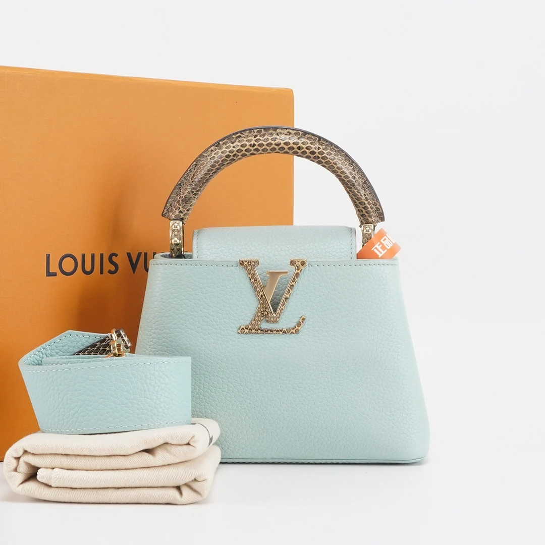 95新 LouisVuitton/路易威登 capucines浅蓝绿色牛皮拼蟒蛇皮