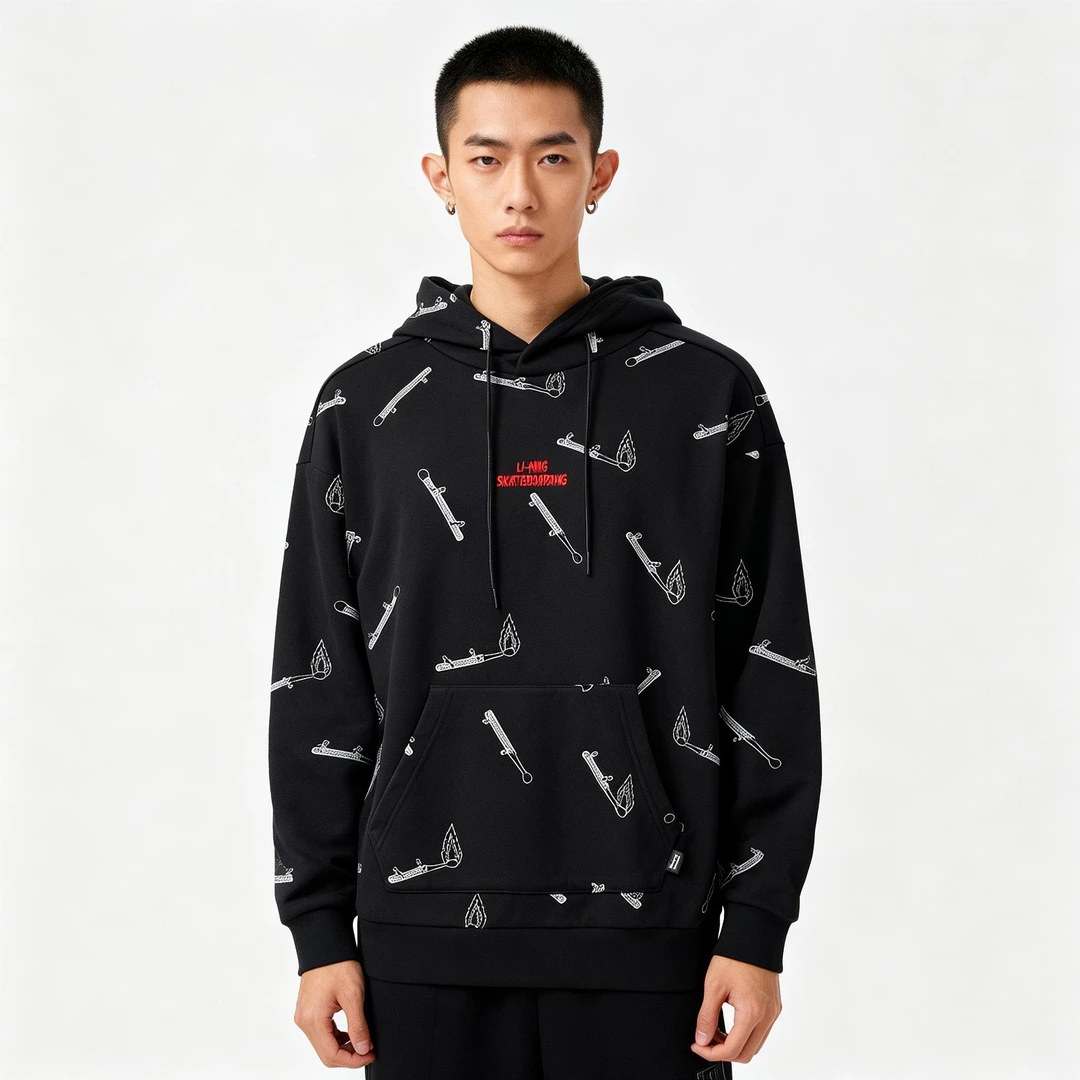 李宁滑板系列男套头连帽卫衣春秋连帽休闲运动套头衫AWDT955-B品