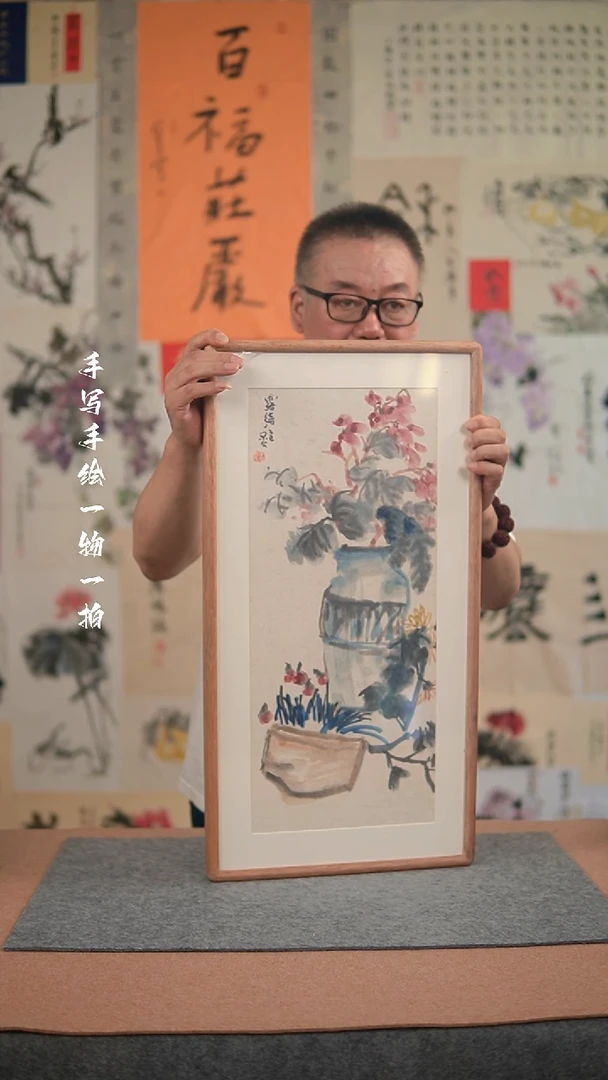 国画手绘-36*69实木框-山水