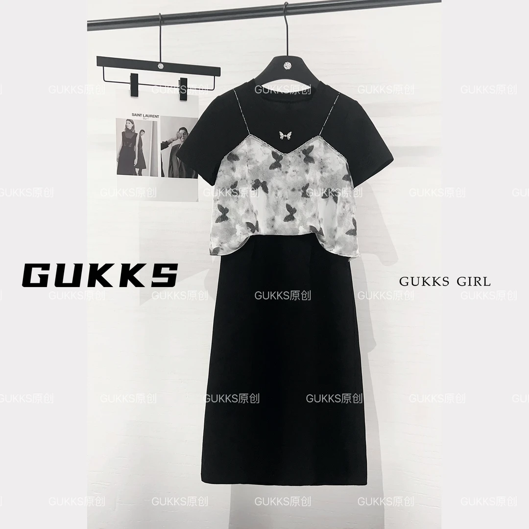 GUKKS夏季新款字母印花蕾丝花边法式百搭显瘦气质连衣裙GK205