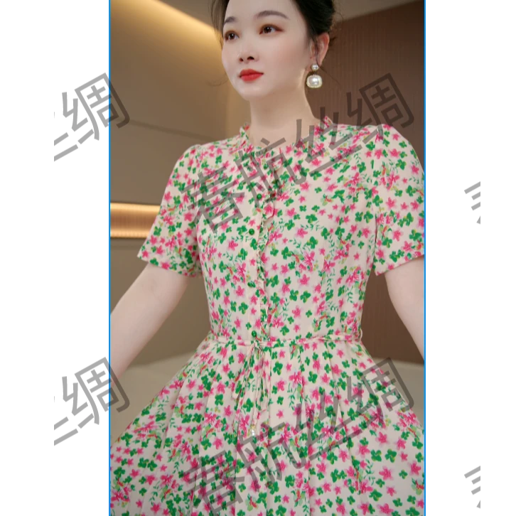 春航新品金枝玉叶短袖连衣裙显瘦减龄高端气质中长款高级绝美裙子