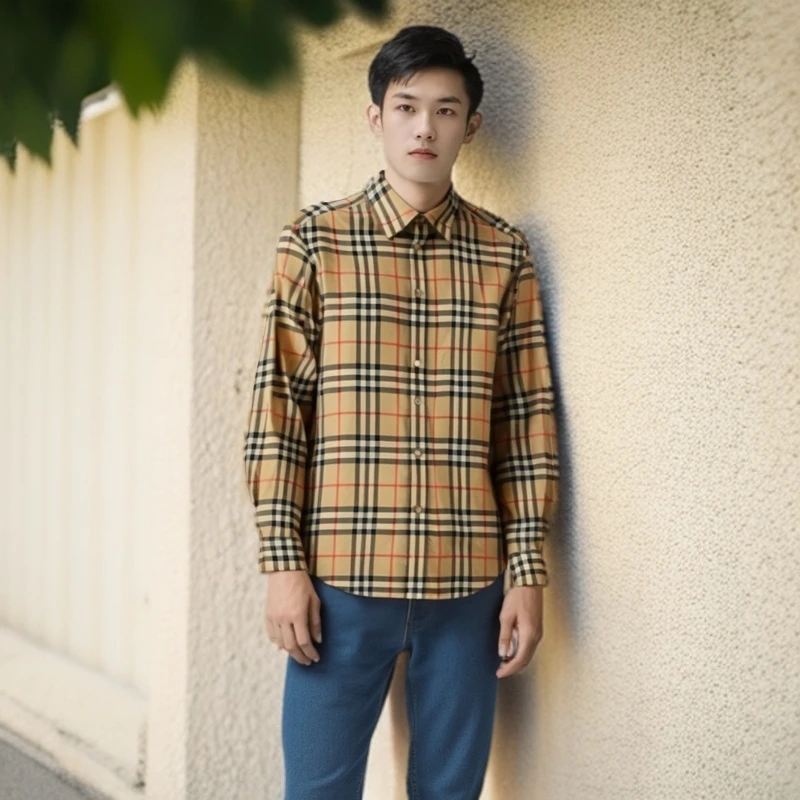99新 BURBERRY/博柏利 11979522 经典格纹翻领衬衫 卡其色 XS码