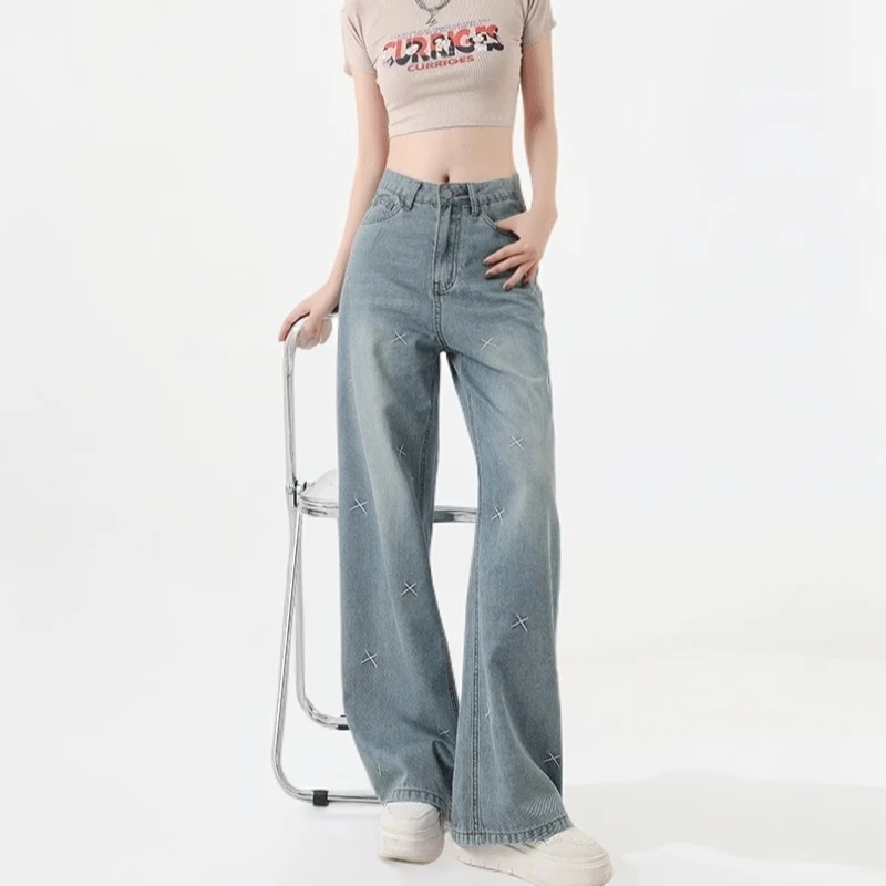 秋装女款爆款2025新款大码女款牛仔裤高腰宽松直筒mm显瘦遮肉阔腿