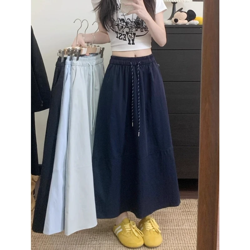 大码300斤抽绳韩版纯色百搭A字裙女春夏薄款拼接休闲中长款半身裙