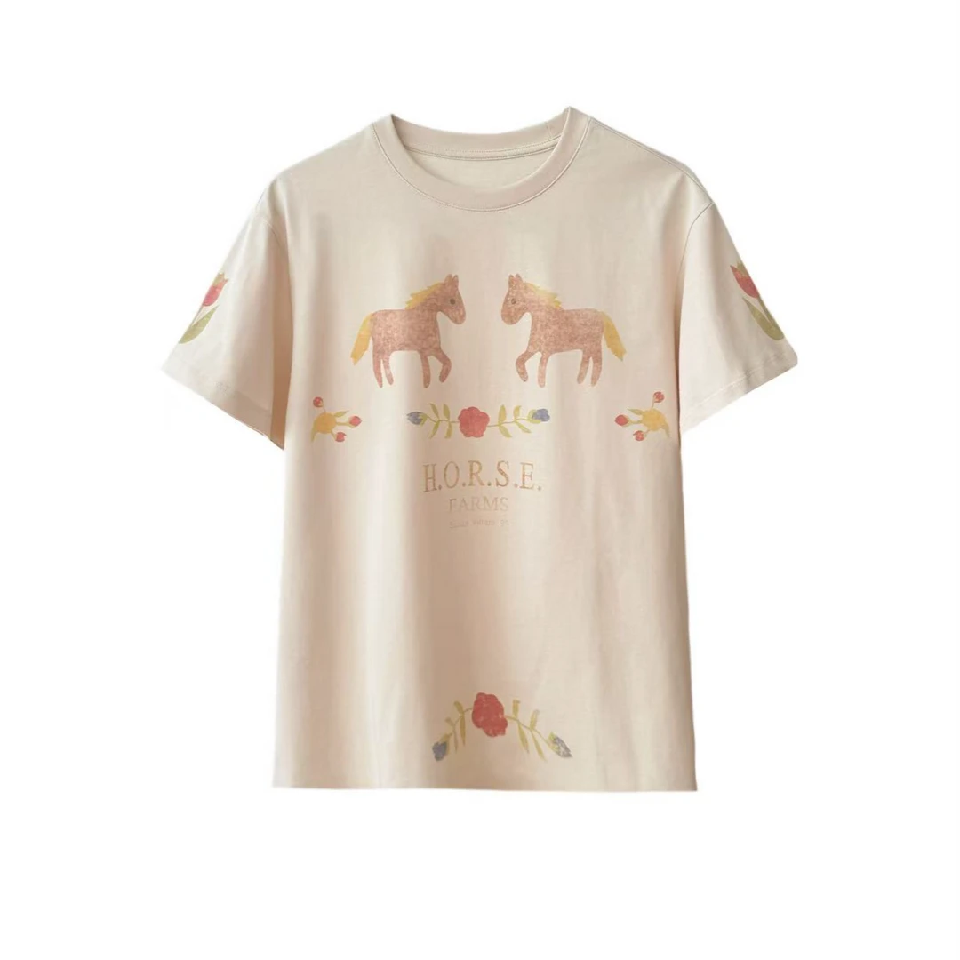 SS25729  郁金香小马印花圆领T恤