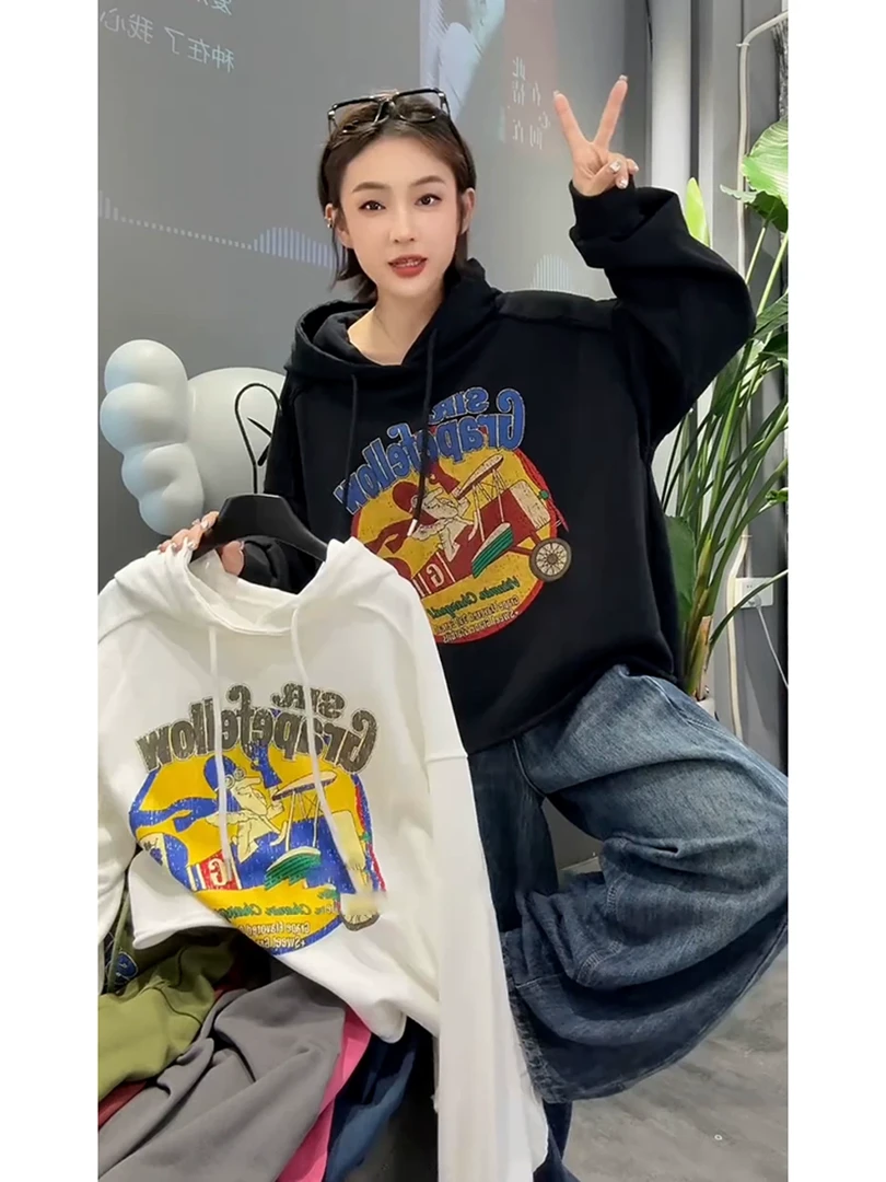 新款韩版宽松休闲百搭减龄卡通印花慵懒风洋气短款连帽长袖卫衣