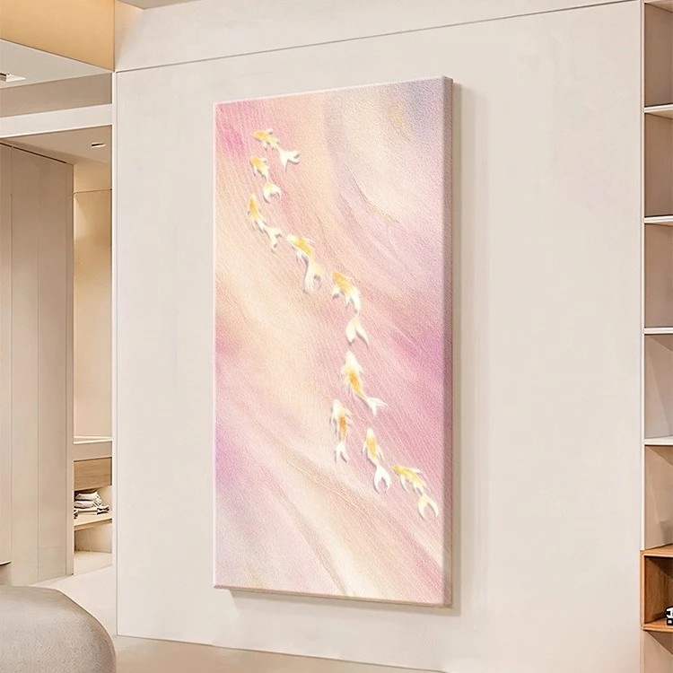 九鱼聚财图挂画奶油风金色锦鲤入户玄关装饰画高级感过道装饰壁画