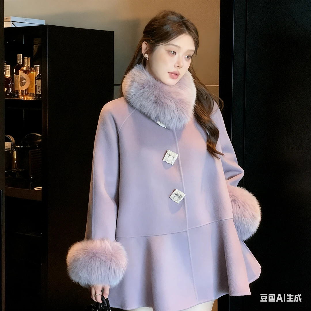 2025女士秋冬款杨小卷新战袍中长款洋气双面呢大衣富家千金紫色毛