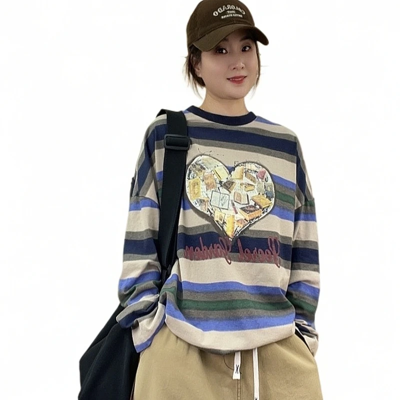 5729#休闲百搭春秋宽松潮流条纹印花圆领T恤卫衣