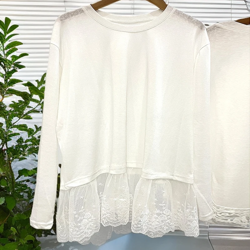 时尚打底衫蕾丝常规学院风纯色套装T恤休闲拼接长袖宽松春季