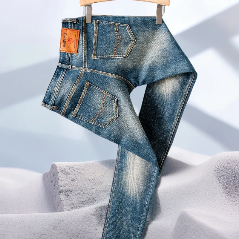 宾斯洛特时尚休闲春秋新款男士牛仔裤美式大牛弹力修身小直筒长裤