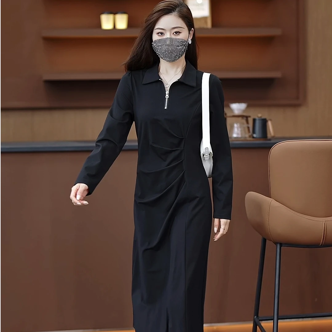 （L-4XL）新款春季长袖2025黑色小黑裙腰部收褶遮肉显瘦连衣裙
