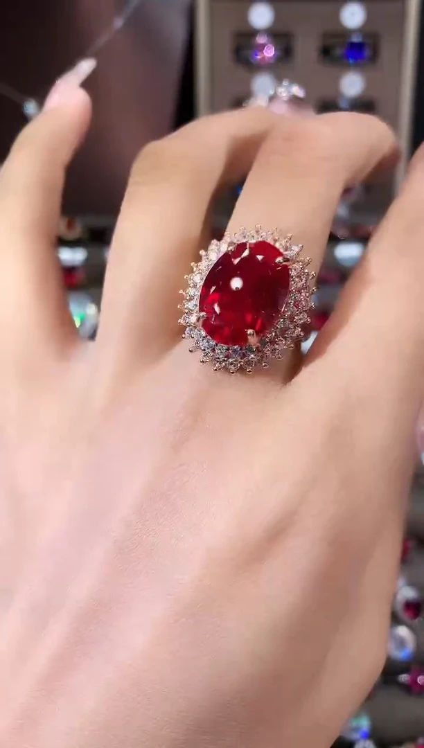 无925银鸽血红色戒指