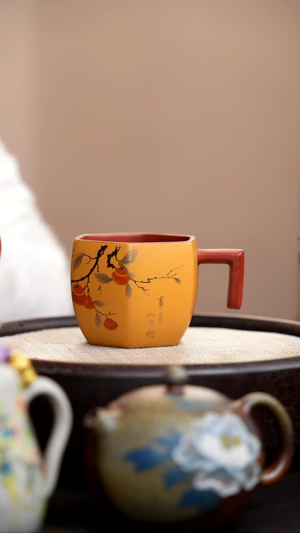 茶壶紫砂黄金段粉浆六方手把杯柿子