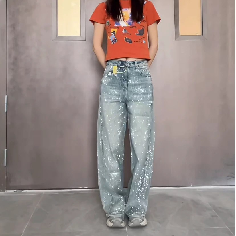 【3D阔腿】2025早秋冬高腰显瘦怀旧烫钻炸街流星雨女士阔腿裤