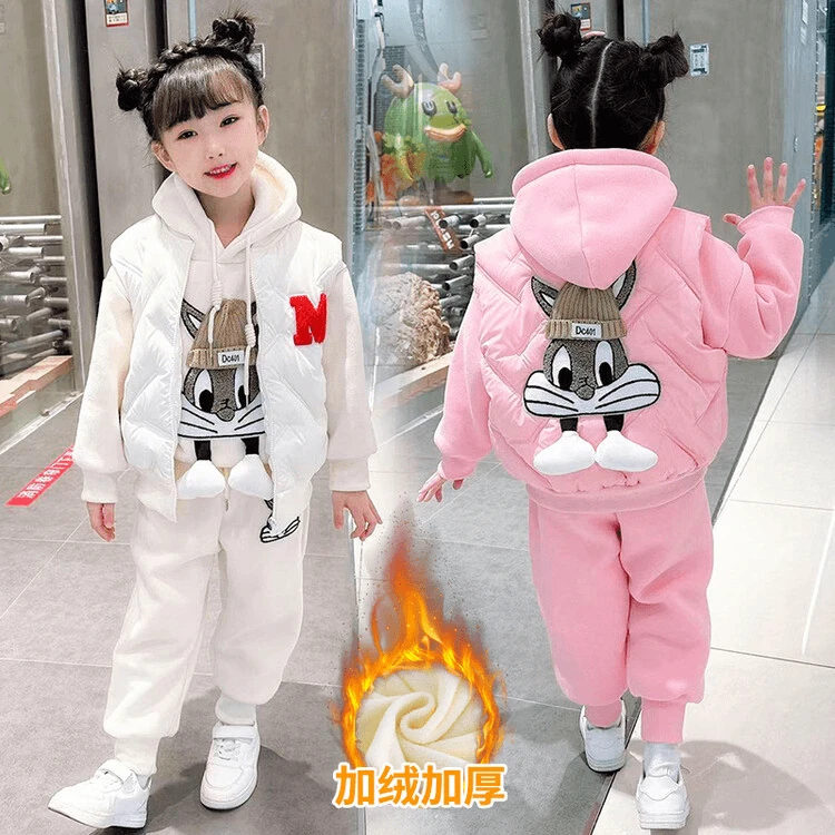 女童装2025新款冬装儿童马甲女宝宝加绒加厚洋气冬季三件套装