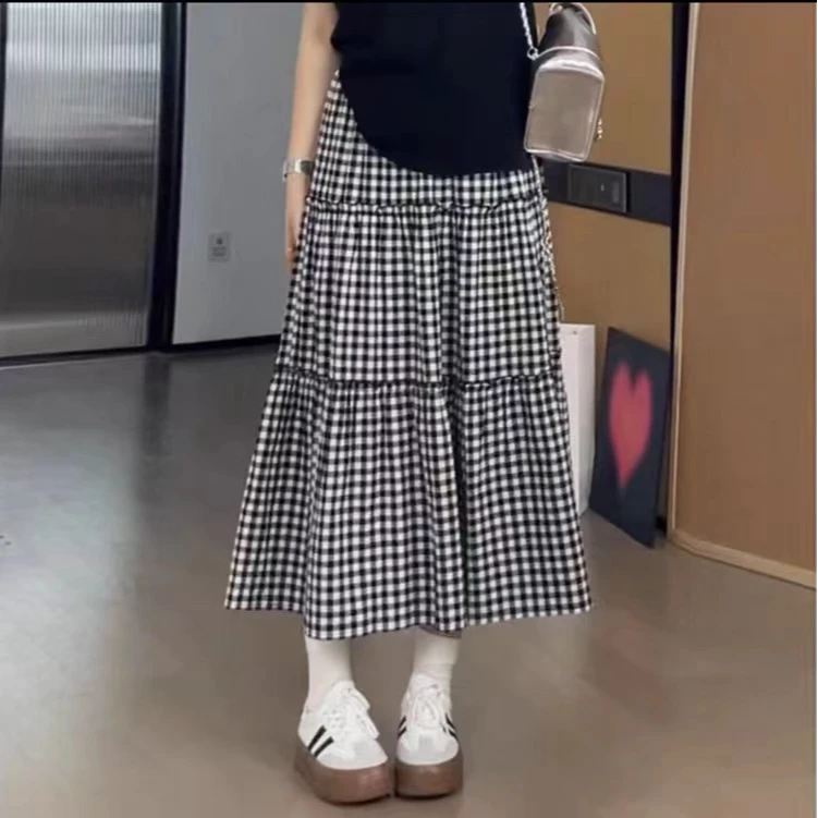 格子复古拼接显瘦蛋糕松紧高腰长裙TGW41258