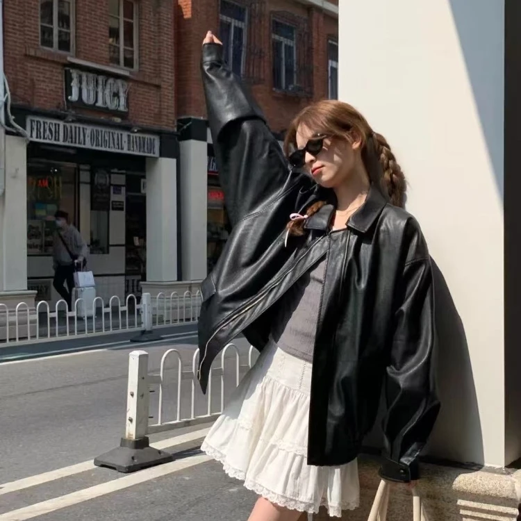 2025新款韩版皮衣外套女休闲宽松显瘦美式复古机车黑色机车皮夹克