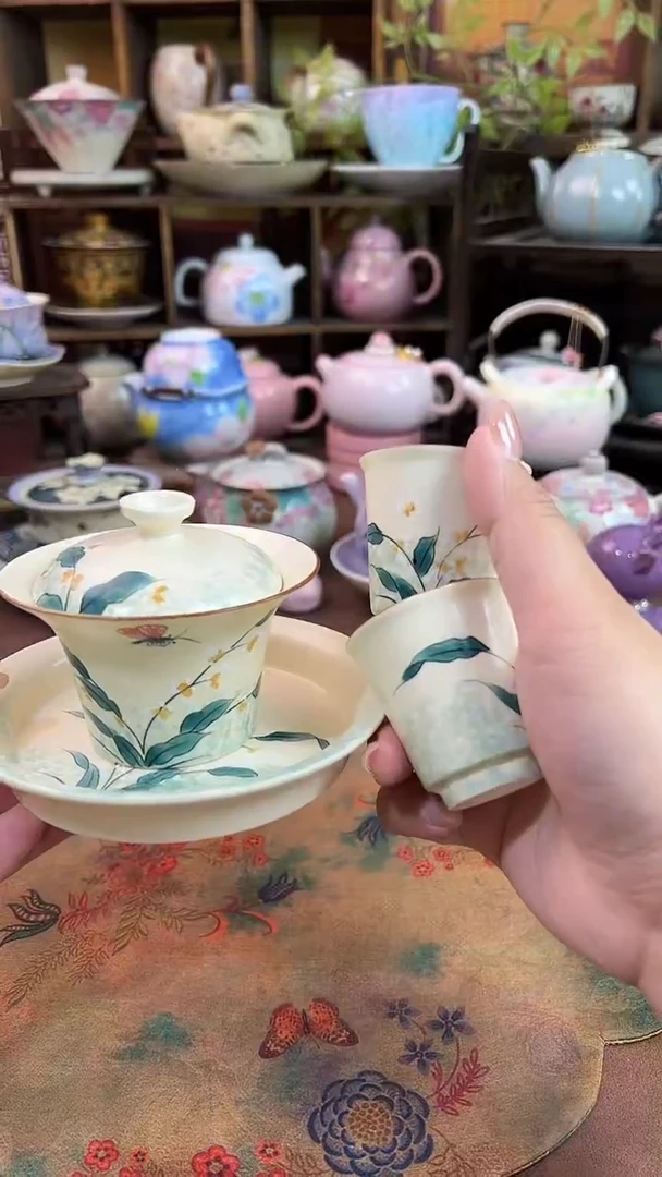 手绘 三才盖碗+2杯