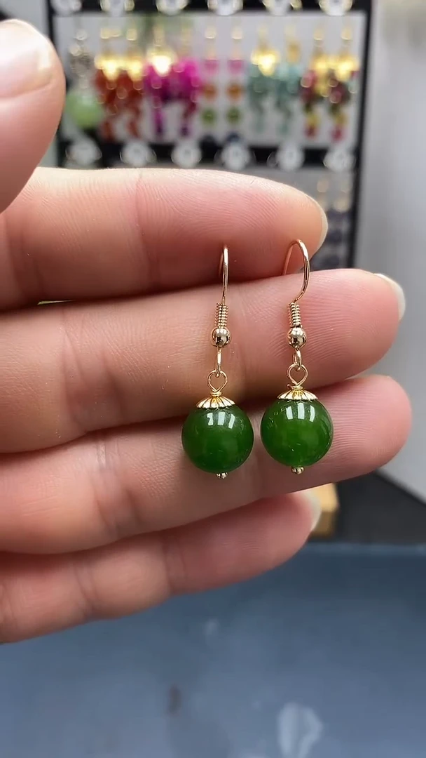 银S925镀金镶嵌和田玉耳饰尺寸10mmC3