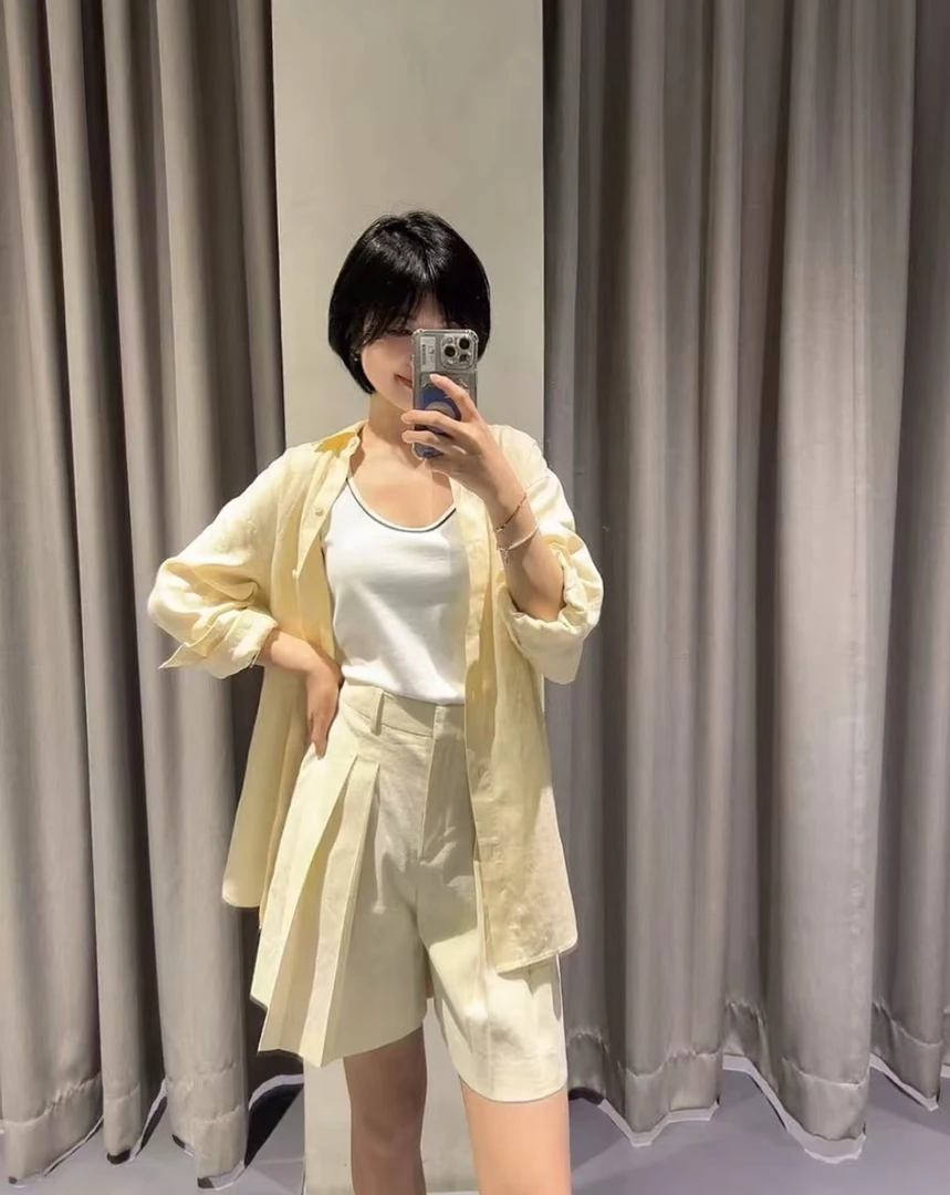 女士外贸藏青色杏色气质通勤亚麻混纺轻薄高腰褶裥休闲四分短裤